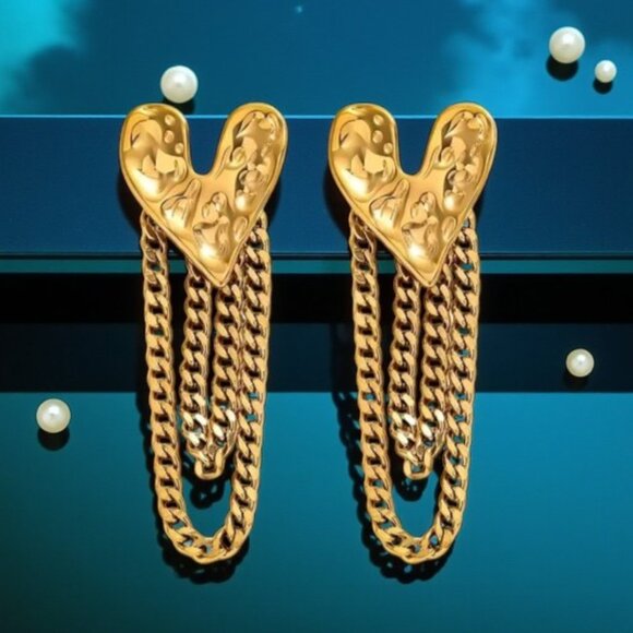 🆕️ Heart Tassel Earrings 💖 Trendy Chain Statement Jewelry 18K Gold Plated - Picture 1 of 12
